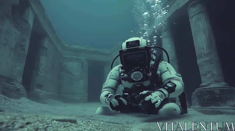 High-Tech Diver in Submerged Ancient City AI Image