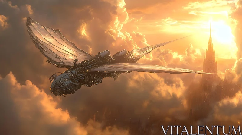 Aerial Steampunk Machine Amidst Sunset Clouds AI Image