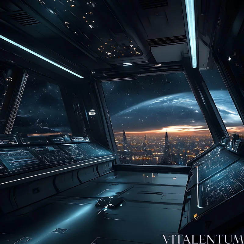 Spaceship Interior with City and Galaxy View AI Image