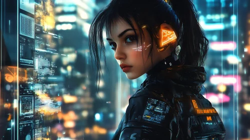 Young Woman in High-Tech Gear in Cyberpunk Setting