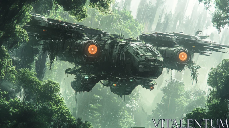 Advanced Technology Spaceship in Lush Forest AI Image