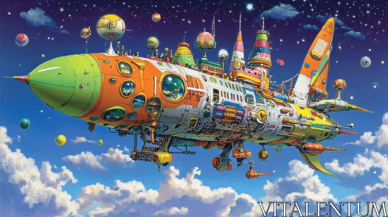 Fantastical Multicolored Spaceship in the Clouds AI Image