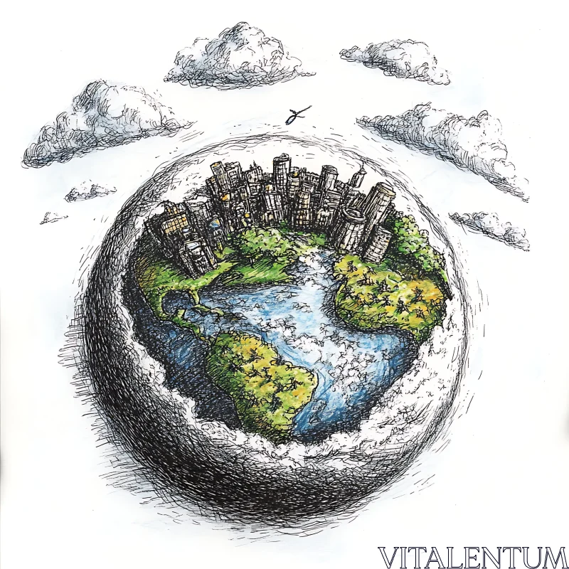 Imaginative City within a Globe Illustration AI Image