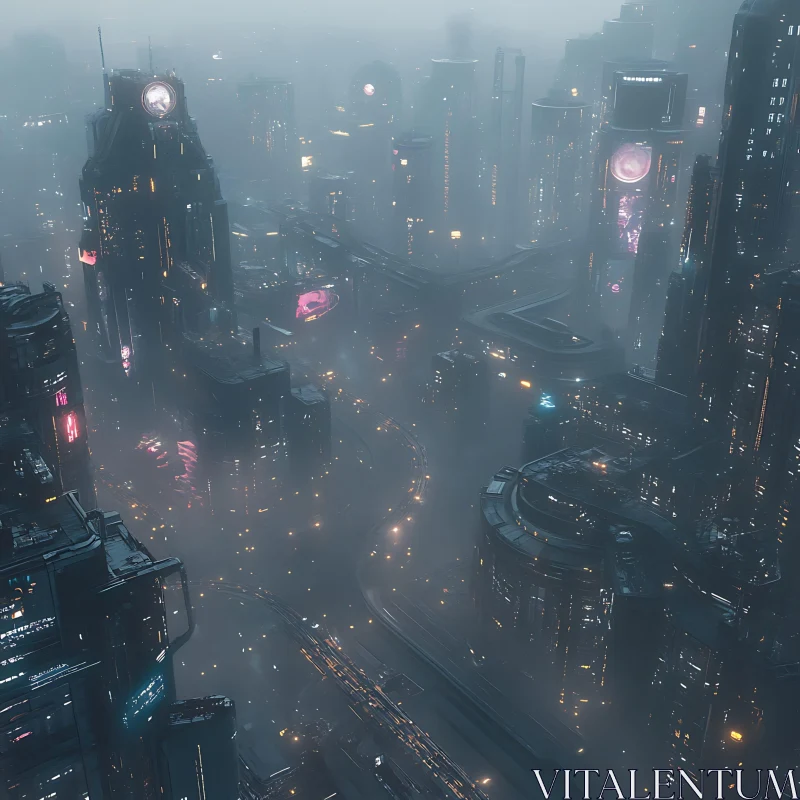 Misty Neon-Lit Urban Landscape AI Image