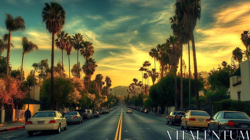 City Street Lined with Palm Trees at Sunset AI Image