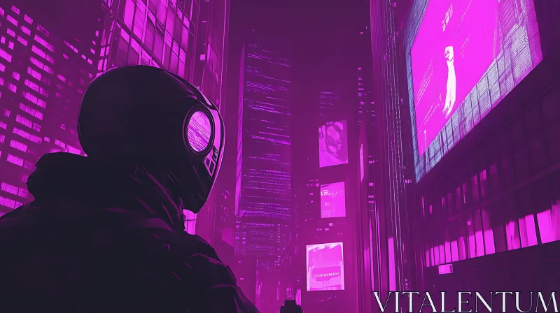 AI ART Cyberpunk Helmet and Neon Urban Landscape