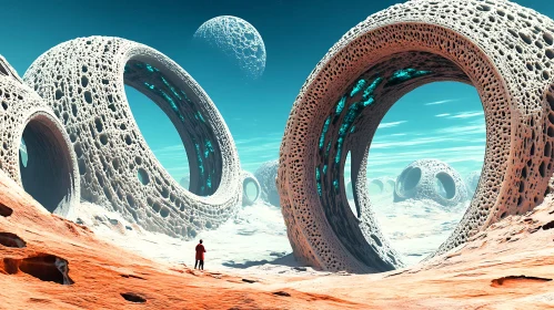 Alien Landscape with Monumental Rings and Turquoise Sky