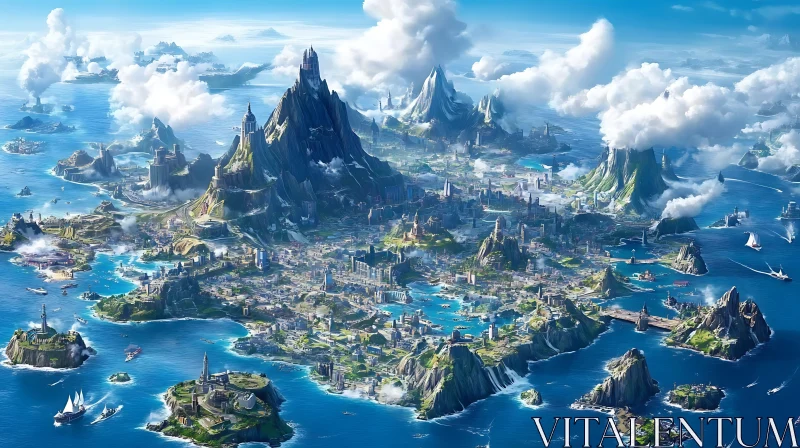 Fantasy Island City with Majestic Mountains and Oceans AI Image