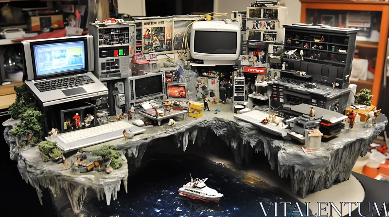 High-Tech Desk Miniature Diorama on Floating Island AI Image