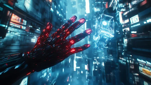 Cyborg Arm Reaching for Hologram in Neon Lit City