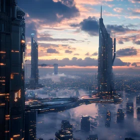 Modern Sci-Fi City with Skyscrapers at Sunset