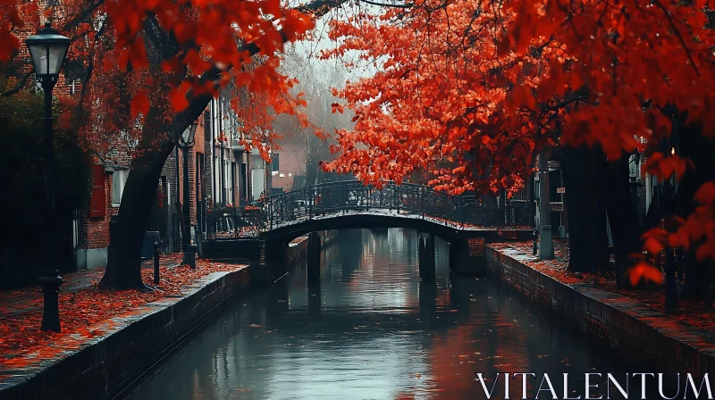 Autumn Canal with Red Leaves and Bridge AI Image