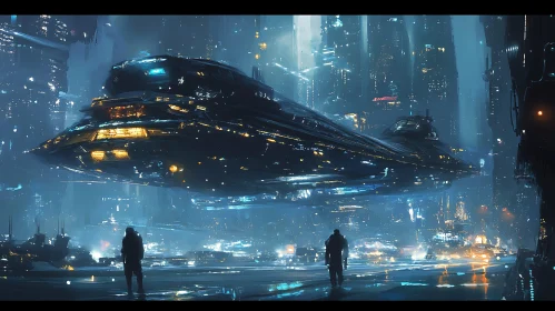 Futuristic Cityscape with an Enormous Spaceship at Night