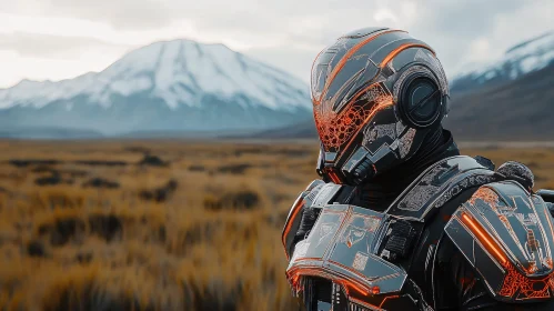 Advanced Cyborg in a Scenic Mountain Setting