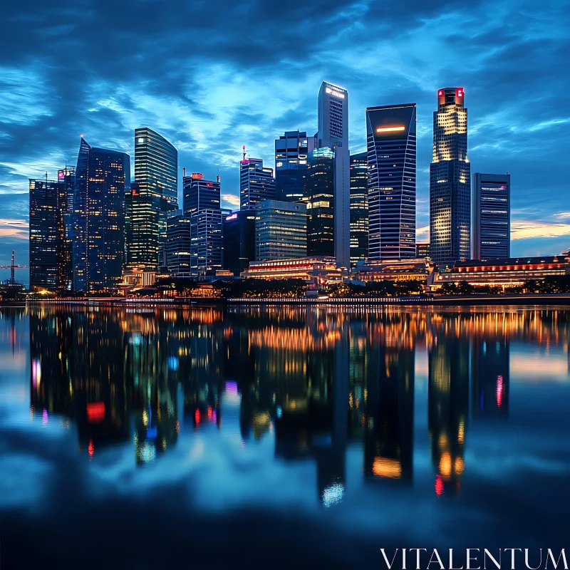 City Skyline at Night with Reflective Water Surface AI Image