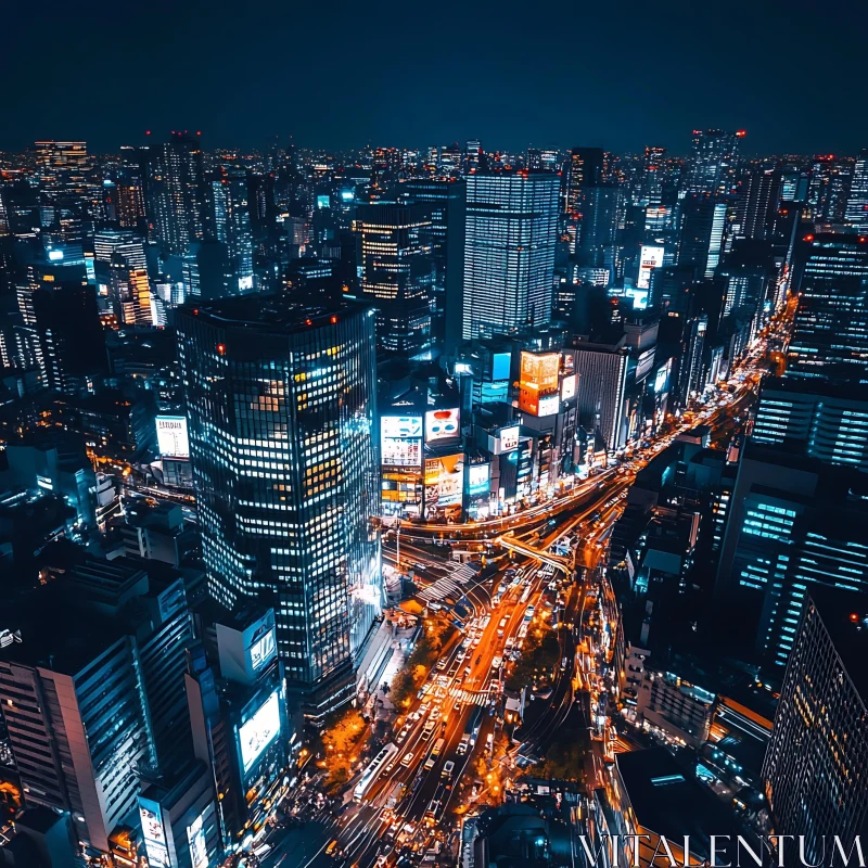 Urban Nightlife with Illuminated Skyscrapers AI Image