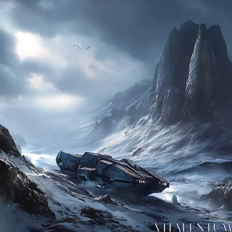 AI ART Sci-Fi Spaceship on Snowy Mountain Landscape