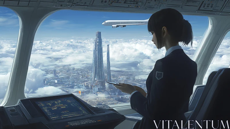 High-Tech Cockpit with Skyscrapers and Airplane AI Image