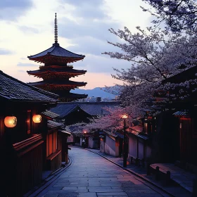 Evening Serenity: Pagoda with Blooming Cherry Blossoms