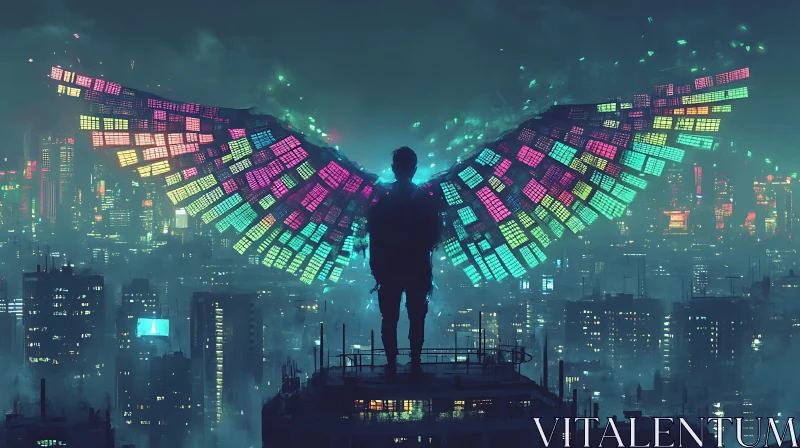 AI ART Urban Nightscape with Digital Wings