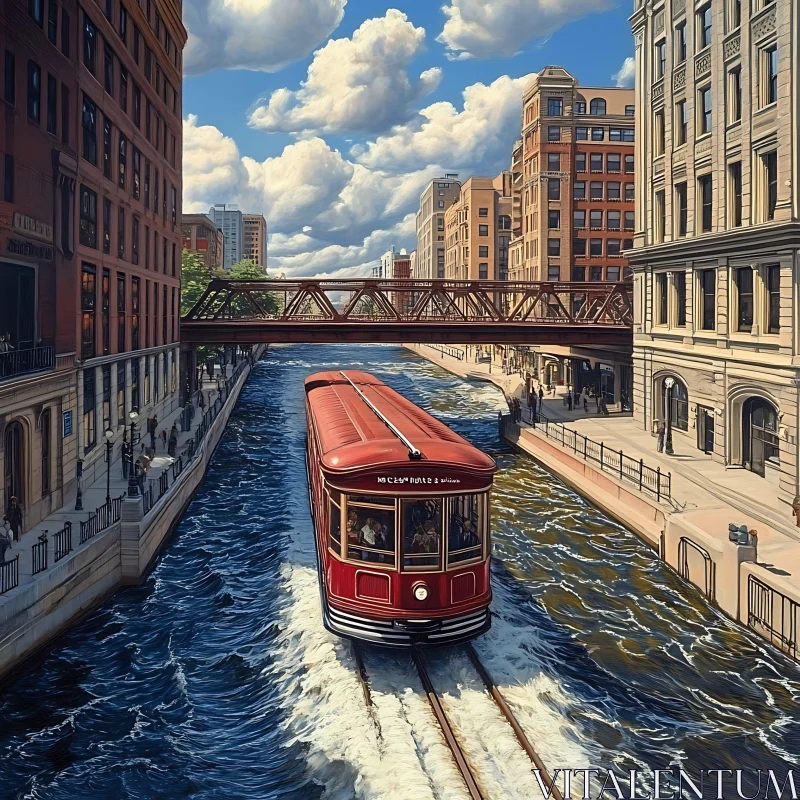 Cityscape with Vintage Red Tram AI Image