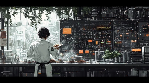 Cyberpunk Cooking Scene with Technological Backdrop