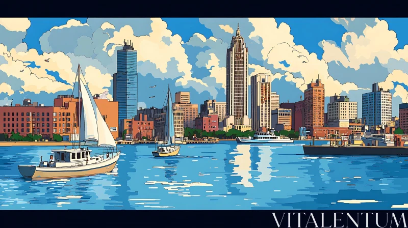 Skyscrapers and Sailboats on a Waterfront AI Image