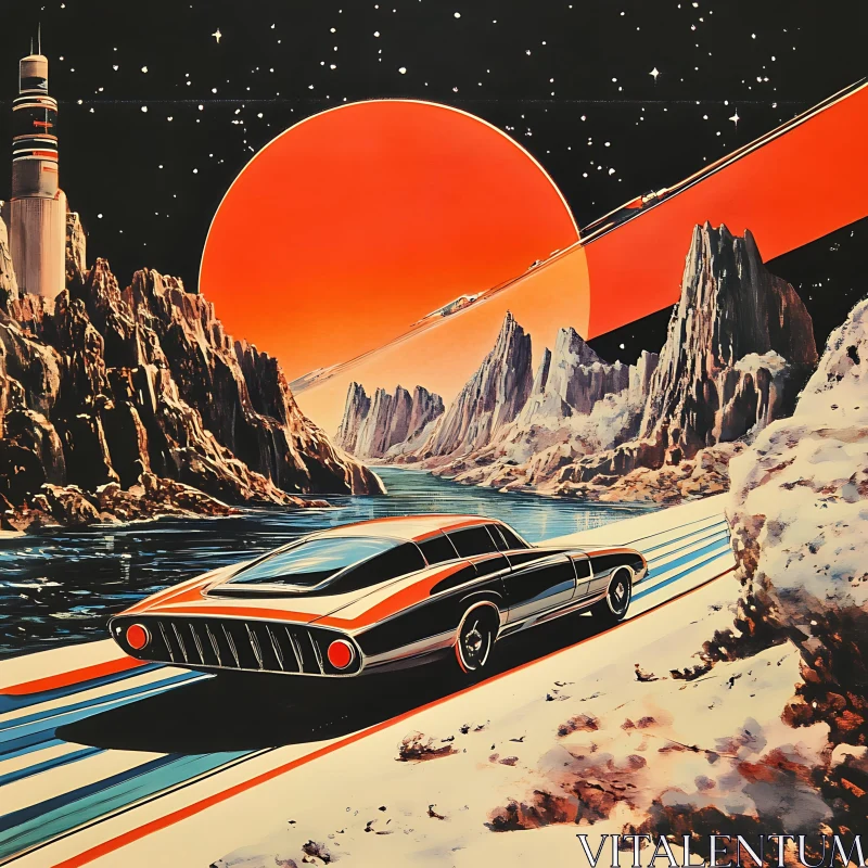 Retro Sci-Fi Landscape with Futuristic Car and Giant Red Sun AI Image