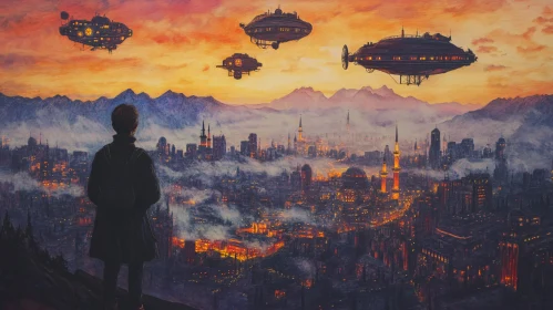 A Glimpse into a Futuristic City: Hovering Airships and Illuminated Skyline