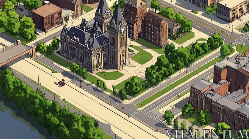 AI ART Urban Aerial View with Clock Tower and Parks