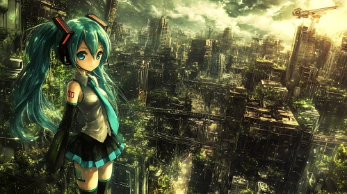 Teal-Haired Anime Girl in Futuristic Urban Jungle