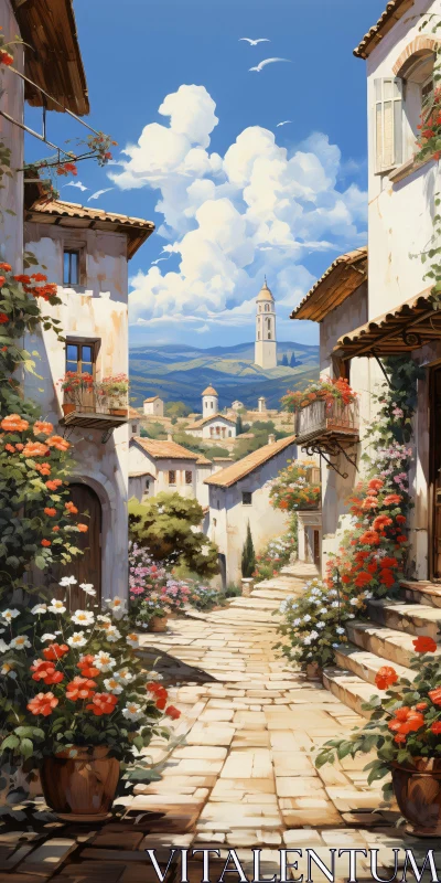 Charming Cobblestone Village with Distant Bell Tower AI Image