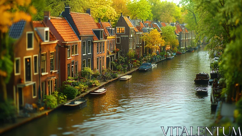 Scenic Canal Lined with Quaint Homes and Boats AI Image