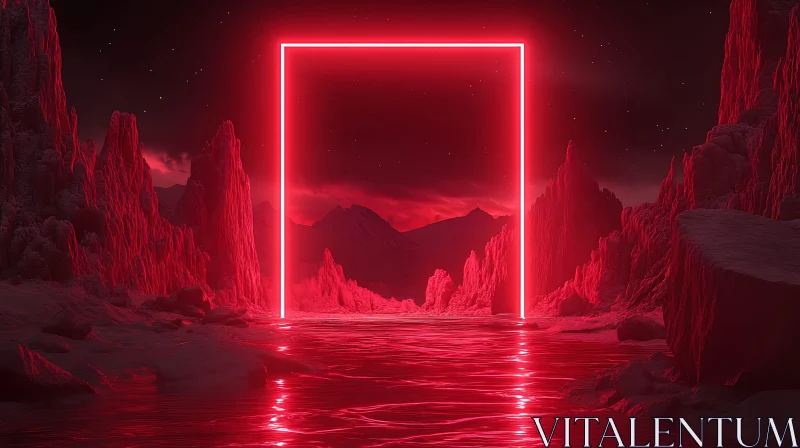 AI ART Dreamlike Scene with Neon Portal and Mountains