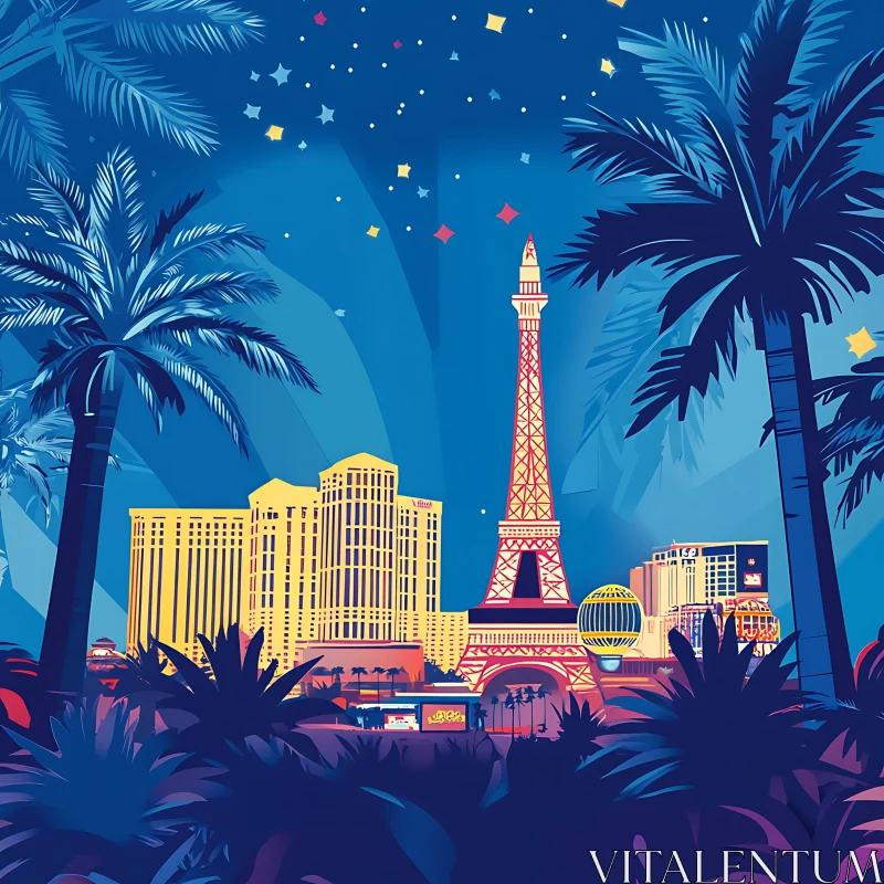 AI ART Nighttime Cityscape with Eiffel Tower and Palm Trees