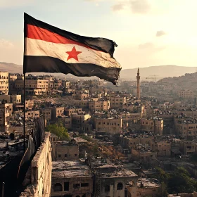 Sunset Over A City with Historical Buildings and a Worn Flag