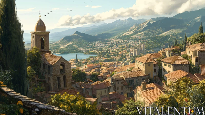 Historic Mediterranean Village with Church and Hills AI Image