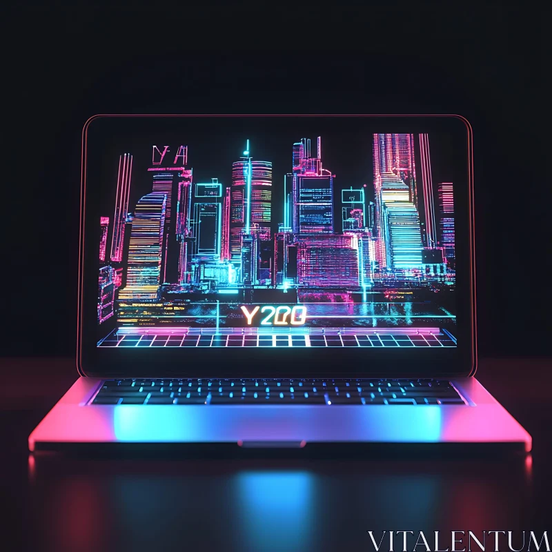 Neon Cityscape on Laptop Screen AI Image