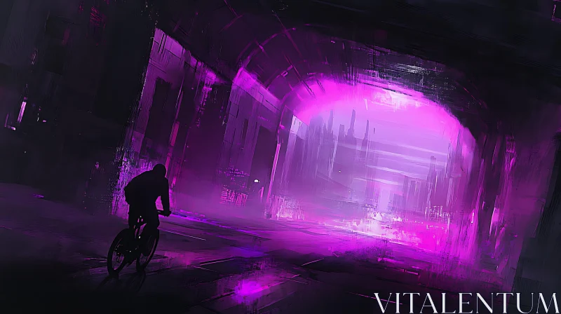 AI ART Lone Cyclist in Abstract Purple Tunnel