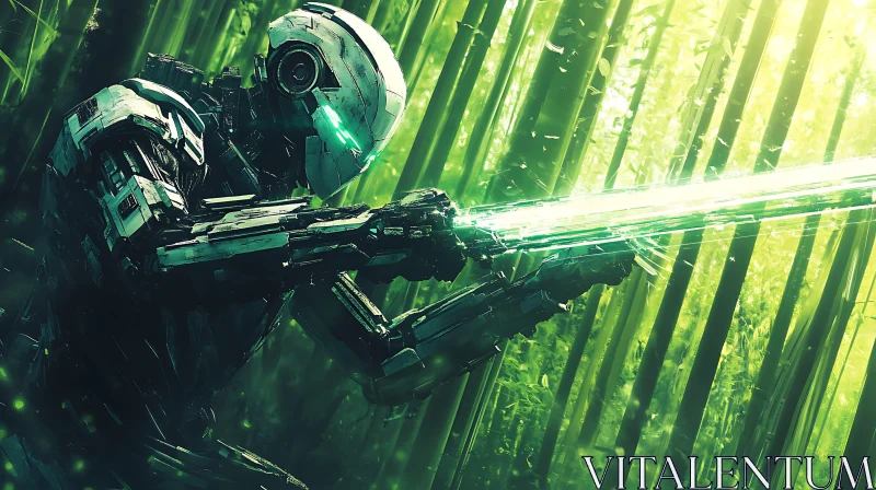 Cyborg Warrior in Bamboo Wilderness AI Image