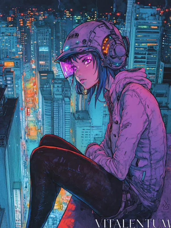 Neon City High-Rise with Anime Girl AI Image