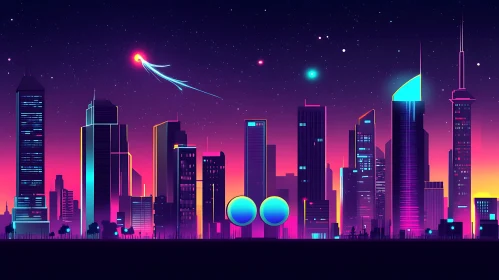 Neon Urban Landscape under Starry Sky