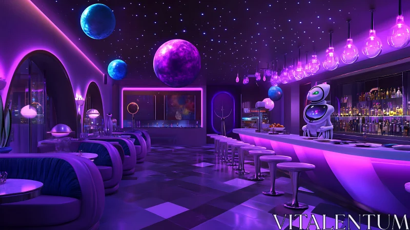 Sci-Fi Themed Bar with Neon Lights and Robot Bartender AI Image