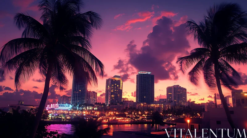 AI ART Cityscape at Sunset with Palm Trees and Skyline