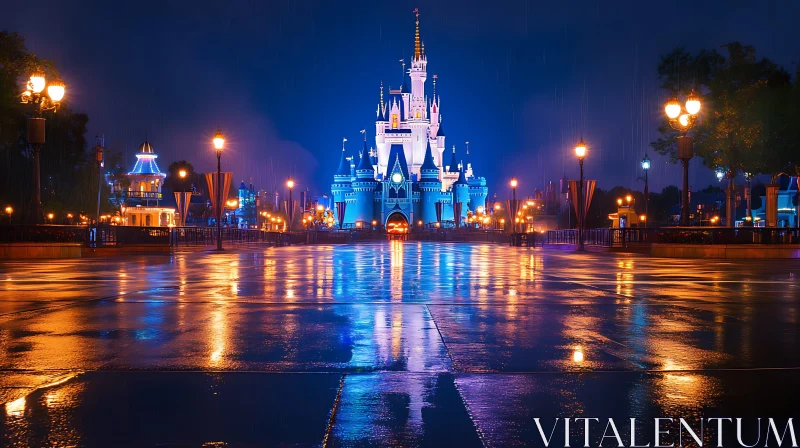 Iconic Nightscape of Illuminated Castle and Reflections AI Image