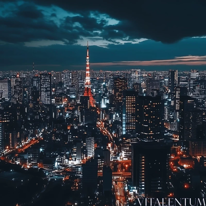 Night Urban Skyline with Tower AI Image