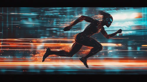 High-Speed Cyborg Running in Neon Landscape