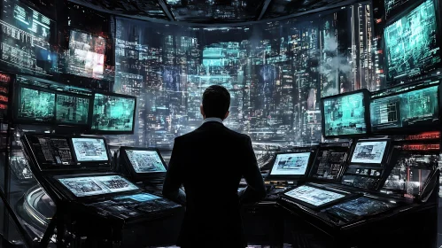 Futuristic Control Room Overlooking Advanced City