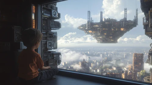 Boy Watching Advanced City from Window