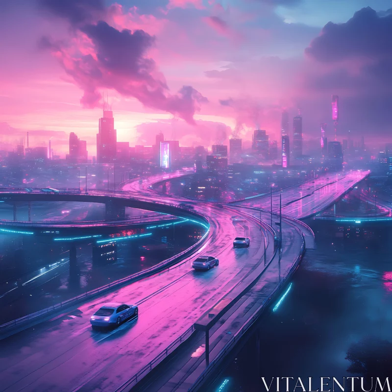 AI ART Neon Twilight City with Elevated Roads and Cars